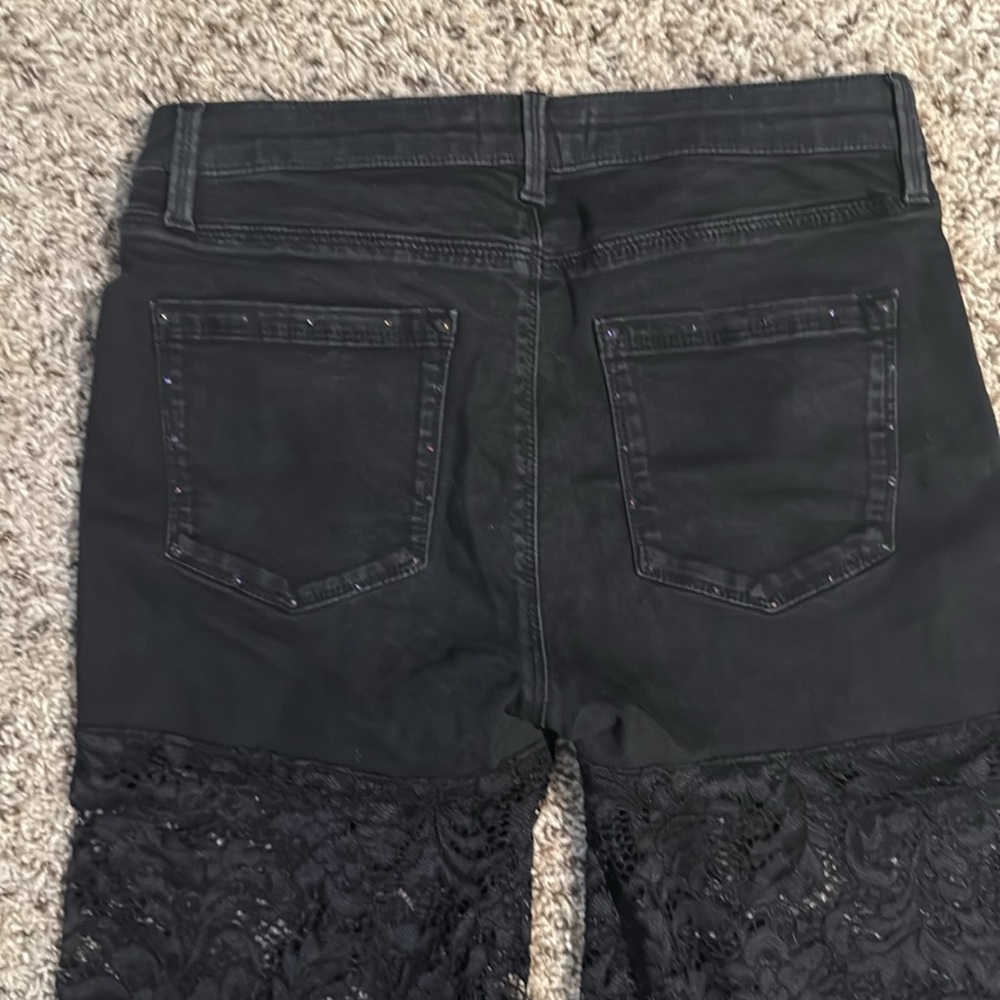 VINTAGE OASIS size 12 black rhinestone denim jeans/shorts w/sheer lace on bottom - Picture 8 of 8
